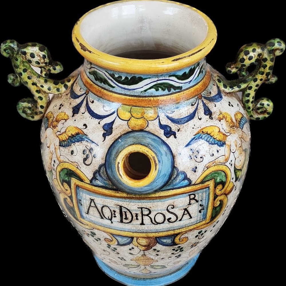 Vintage Italian Ceramic Pottery Two-Handled Wet Drug Jar, Deruta or Majolica